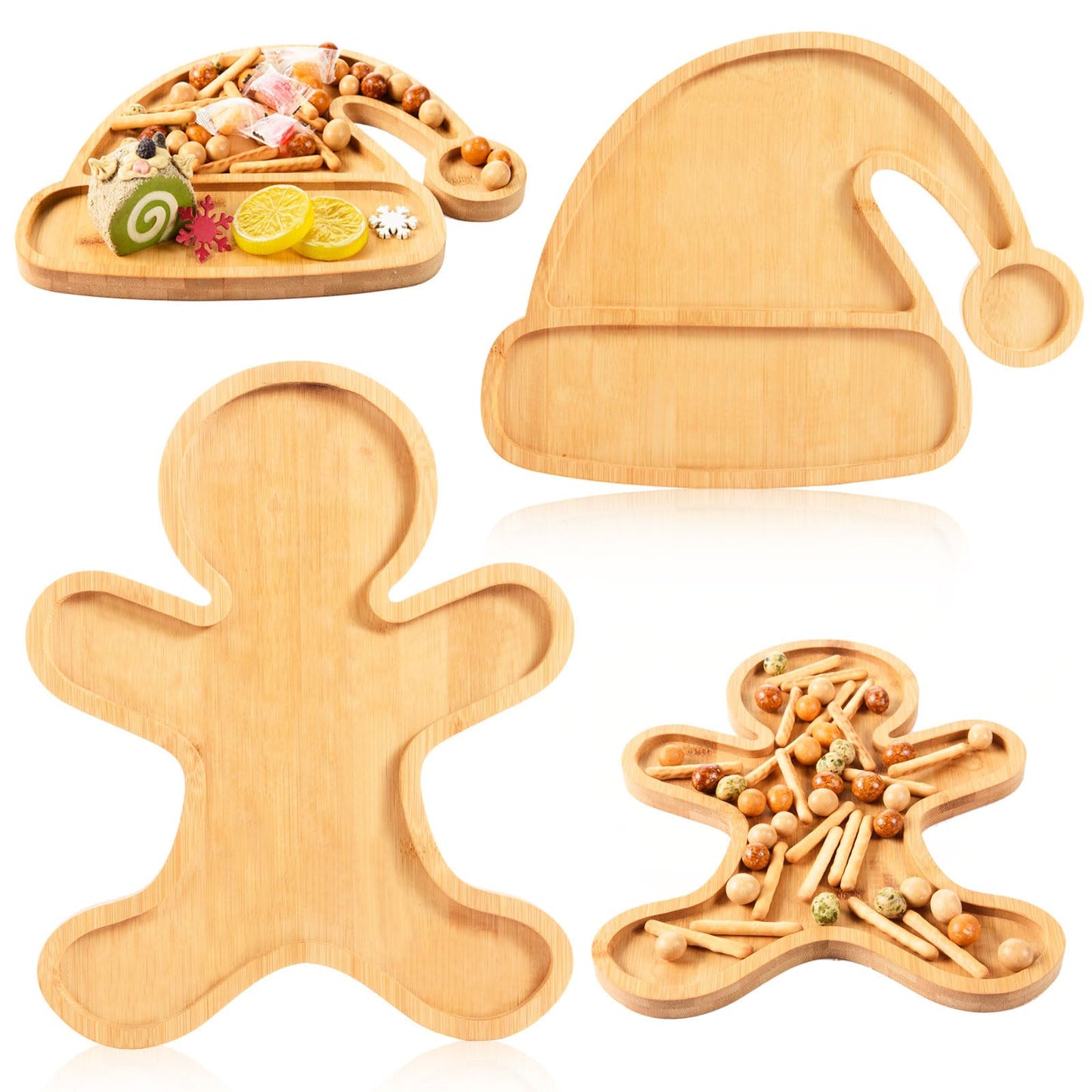 AWIZOM 2 Pcs Christmas Serving Platters Santa Hat and Gingerbread Man Shaped Wood Trays Winter Bamboo Charcuterie Boards Decorative Wood Snack Dish Plates for Xmas Holiday Housewarming Presents