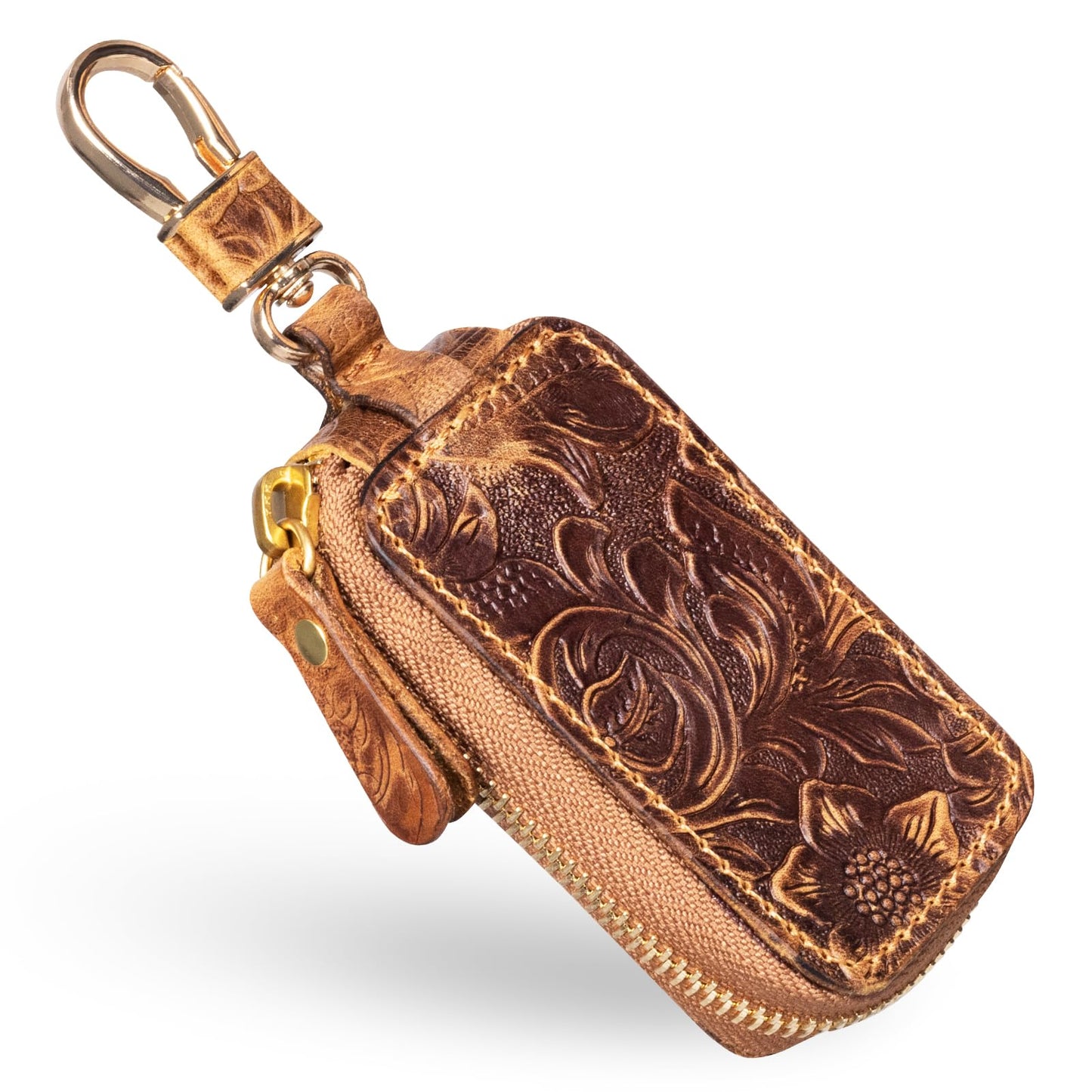 Gexmil Genuine Leather Zipper Car Key Case, Full Grain Leather, Pure Brass Hardware, Hand-Made Universal Car Key Holder, Mini Coin Bag for Women Men,Floral Brown