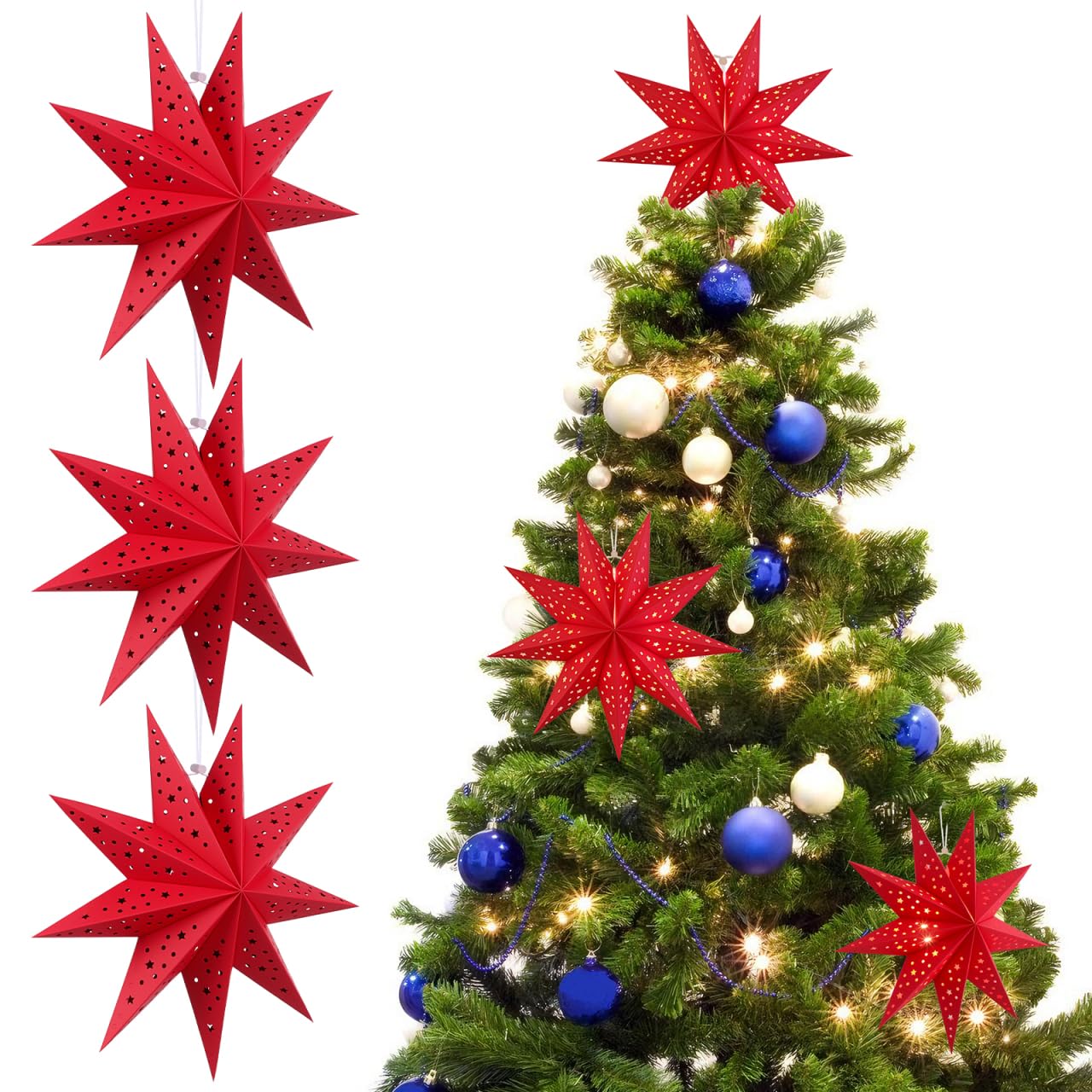 CALLARON 3Pcs Paper Star Lantern, Paper Christmas Decorations, Hanging Star Lantern, 9 Pointed Christmas Stars Lampshade, Foldable Red Lampshade Decor for Christmas, Wedding, Holiday Party, 14inch