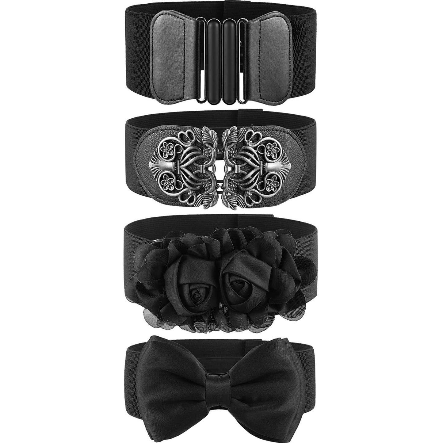 Chuangdi 4 Pieces Women Vintage Wide Waist Belt Black Belt for Dress Elastic Stretch Retro Waistband for Jeans Pants(Rustic Style)