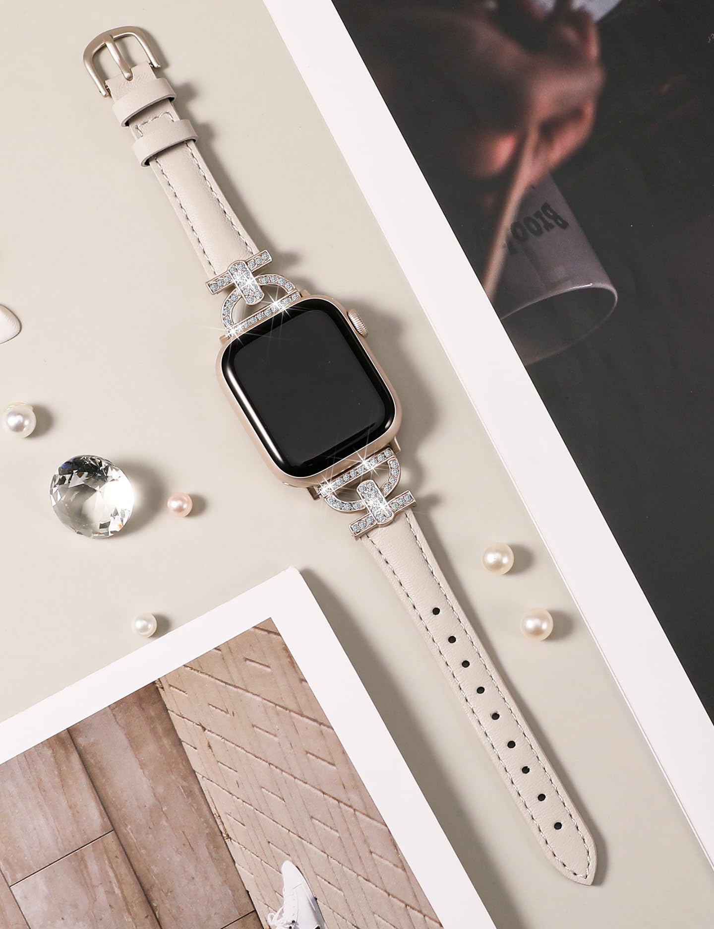 TOYOUTHS Leather Band Compatible with Apple Watch Band Women 42/41/40/38mm Dressy Slim Thin Strap with D-Shaped Diamond Metal Buckle Bracelet for iWatch Series 11 10 9 8 7 6 5 4 SE 3 2 1, Starlight