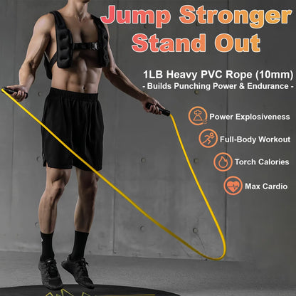 Weighted Jump Rope, 1LB Tangle-Free Ball Bearing Rapid Speed Skipping Rope for Men Women, Adjustable 9mm Cotton & PVC Rope with Alum Handle for Boxing MMA Weight-Loss Athletic Workout Fitness