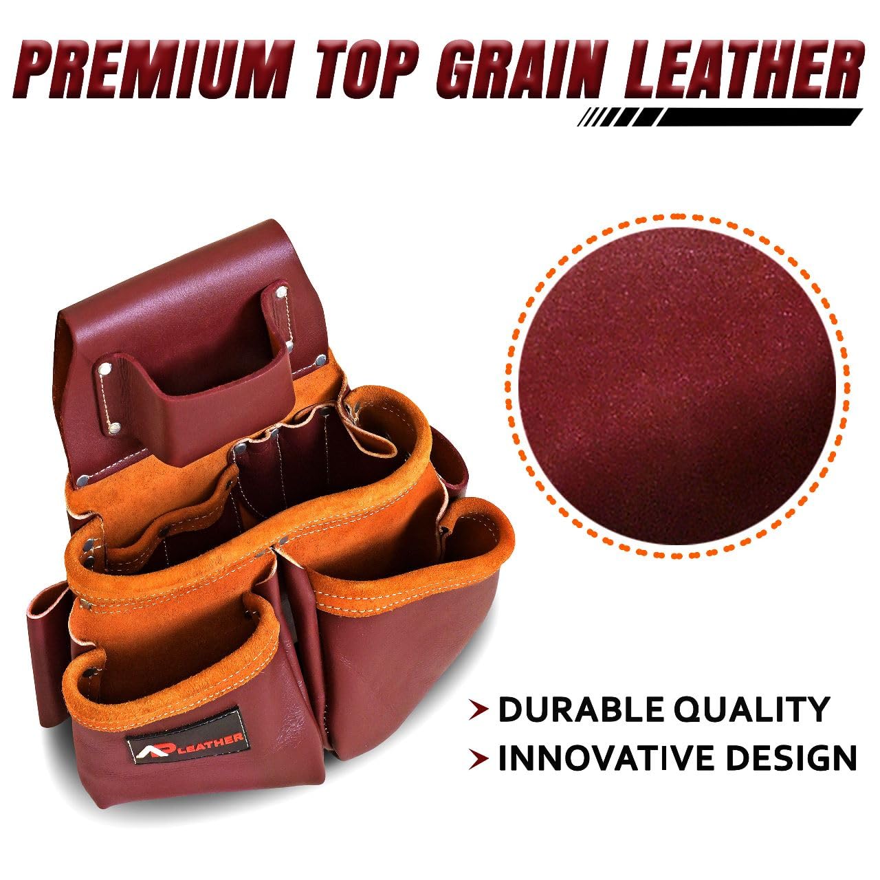 Leather PRO-19 100% Genuine Full Grain Leather Tool Belt/Pouch/Bag, Tool Belt with Suspenders, Comfort Back Support Tool Pouches with Suspenders for Construction,Framers, (Maroon)