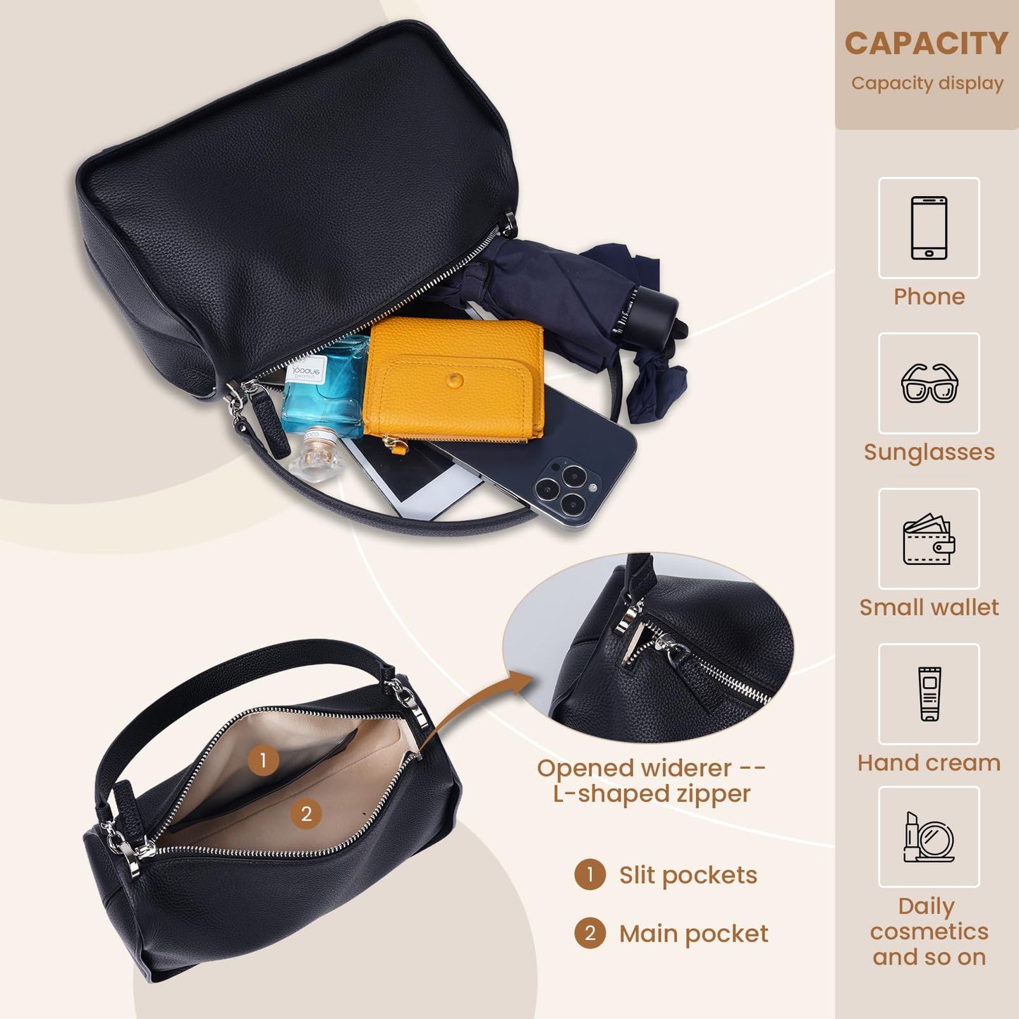 Rosvovo Genuine Leather Purses for Women, Real Leather Women's Crossbody Bag Shoulder bag Handbags Hoho bag with Adjustable Strap, balck,
