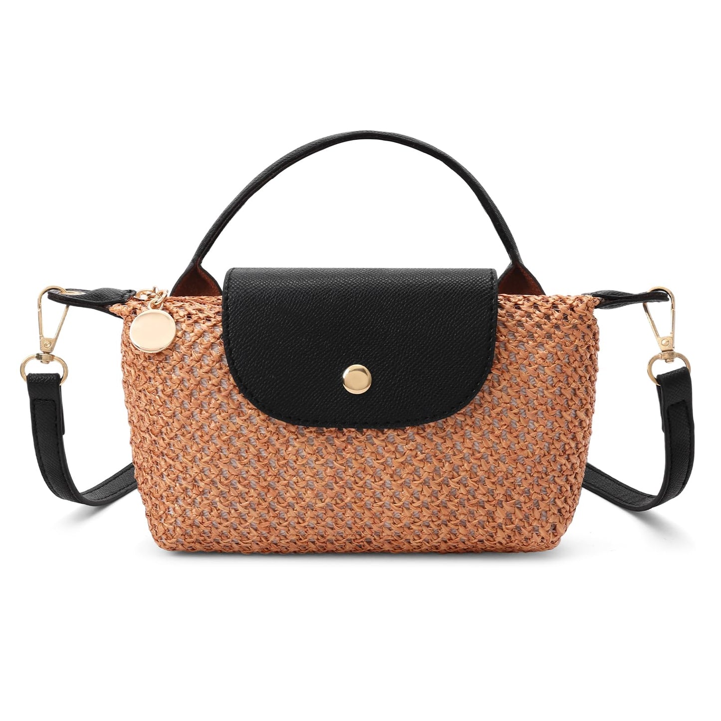 RNIEGA Mini Straw Braided Handbag for Women Vegan Leather Lightweight Crossbody Bag Fashion Handle Beach Shoulder Purse