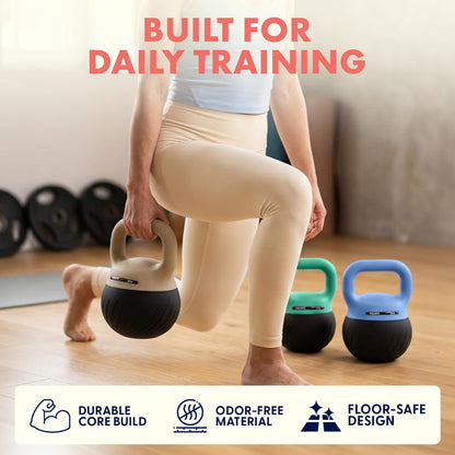 Squatz Soft Drop Kettlebell Set for Home Gym Strength Training - Cushioned Base Kettlebell Set with Wide Grip Handle, Floor-Safe Design, 15 lb, 20 lb, and 25 lb Weights for Full Body Workouts