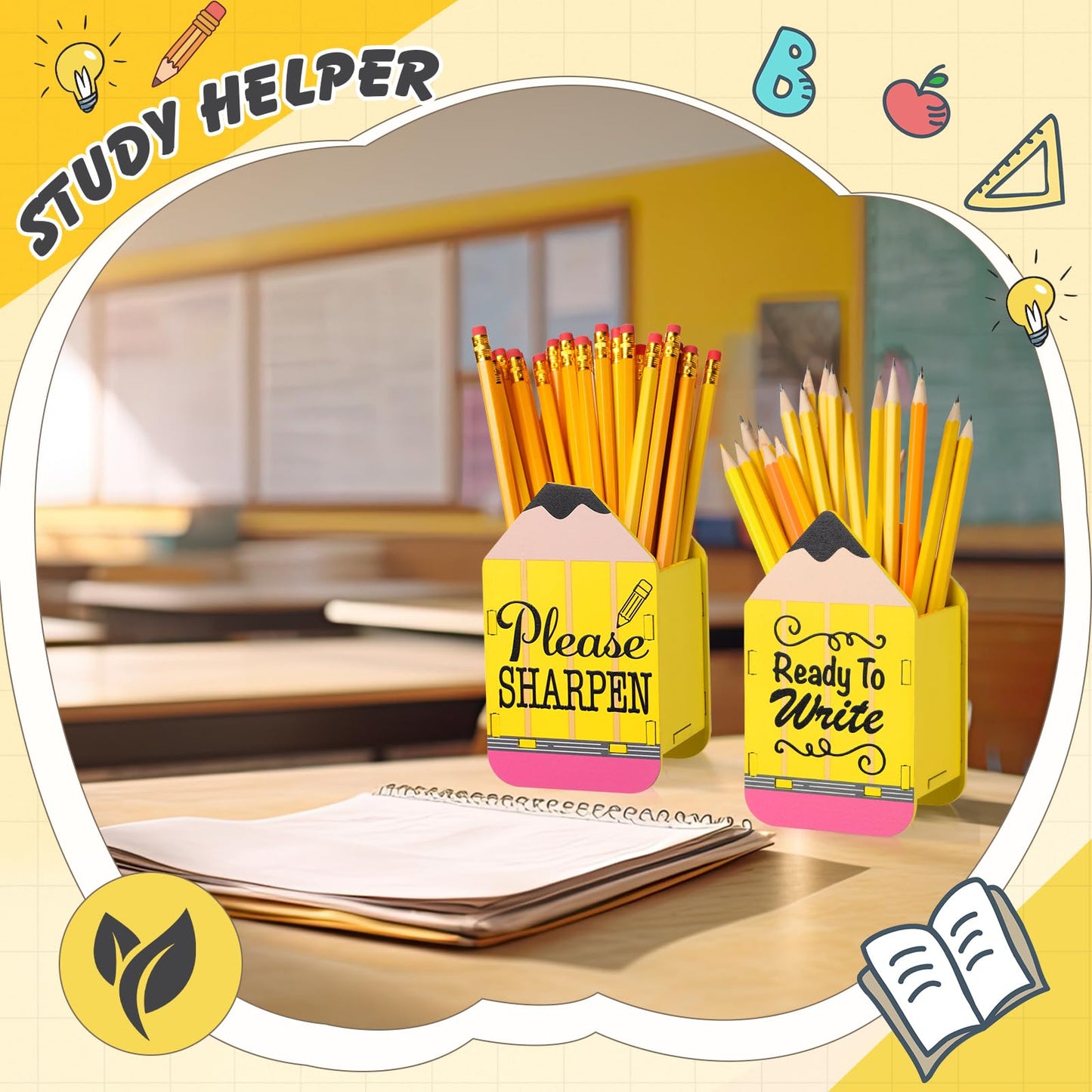 DoubleFill 2 Pcs Pencil Shaped Holder Sharp Dull Holder Wooden Dispenser Pencil Storage for Back to School Teachers Classroom Organization(Classic,Yellow)