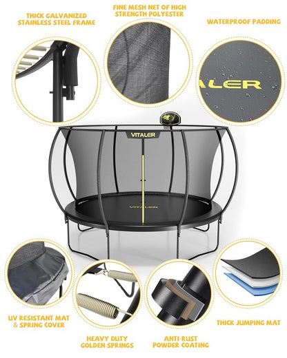 Vitaler Trampoline Outdoor 12FT with Basketball Hoop and Net Enclosure, Recreational Trampolines for Kids and Adults, Outdoor Backyard Trampoline with Anti-Rust Coated Frame, ASTM Approved