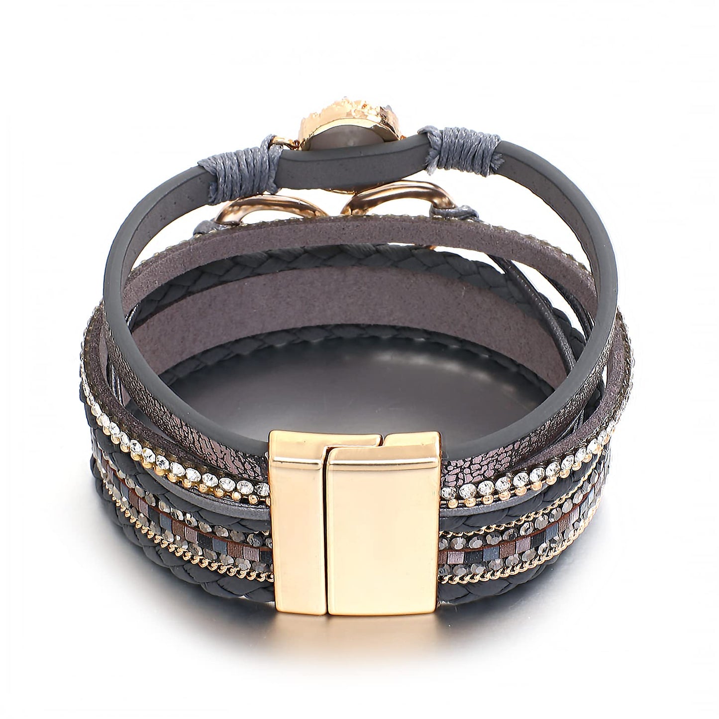 hotoo Leather Wrap Bracelet for Women Gray Beaded Cuff Bracelet with Heart-shape Decor Bohemian Crystal Bracelet Jewelry with Clasp Bangle Bracelet for Women Birthday Holiday Gift