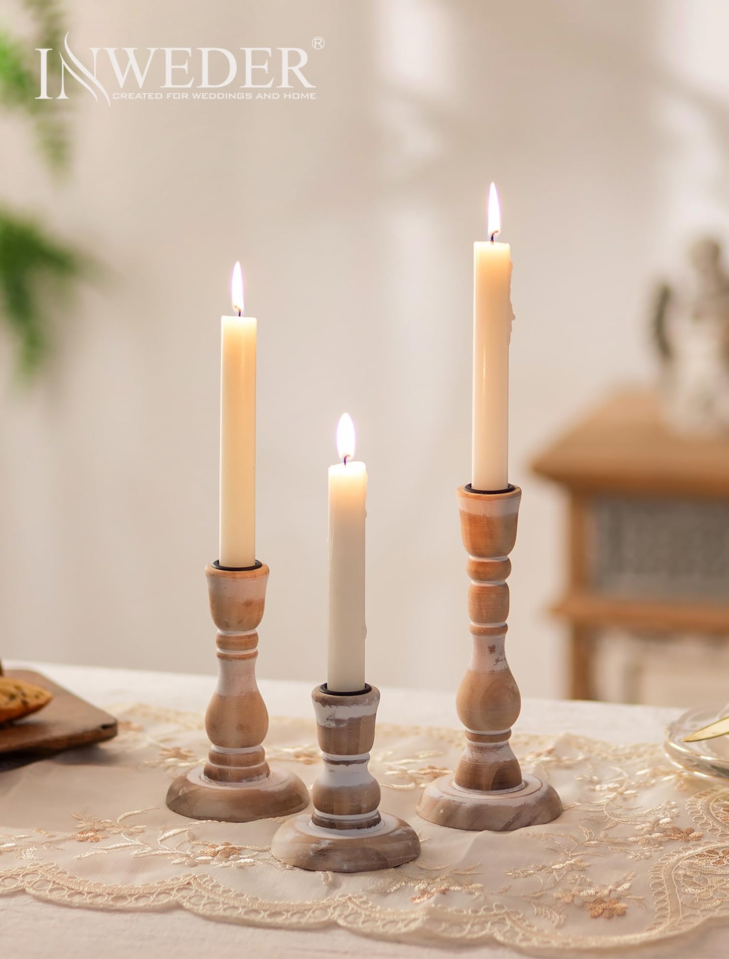 Inweder Wooden Candlestick Holders Rustic: Farmhouse Wood Taper Candle Holders Boho Candle Sticks Holder Fall Decor for Dinning Table Mantle Party Holiday Christmas Wedding Home Set of 6