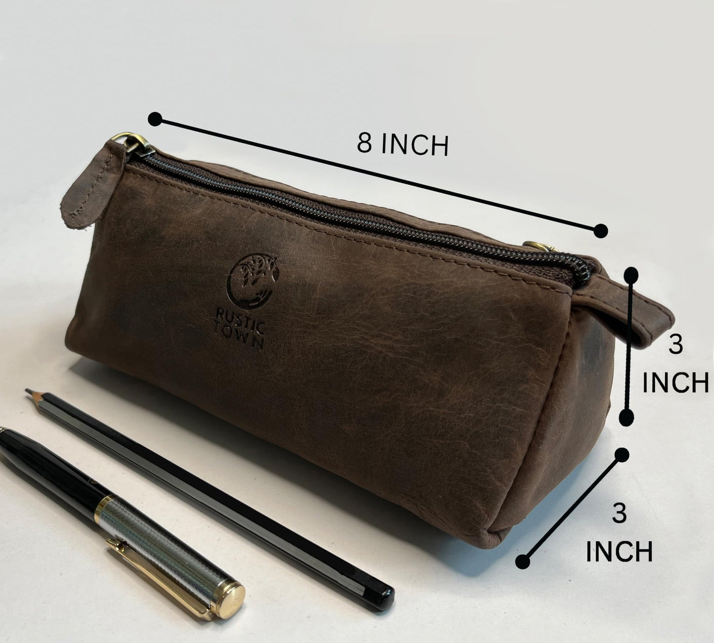 RUSTIC TOWN Leather Pencil Case - Handcrafted Zippered Stationery Bag, Marker Pen Pouch for Work & Office - Multi-Purpose Travel Organizer for Men & Women