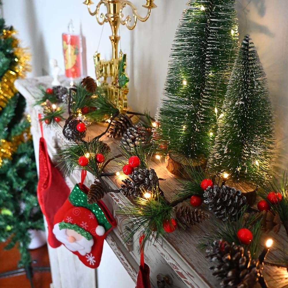 HamiFinee Christmas Garland Lights 6.56FT Holiday Prelit Garlands Pine Cone Garland with Red Berry Upgraded Battery Operated Garland with LED Lights Xmas Decor Lights for Outdoor Indoor Christmas