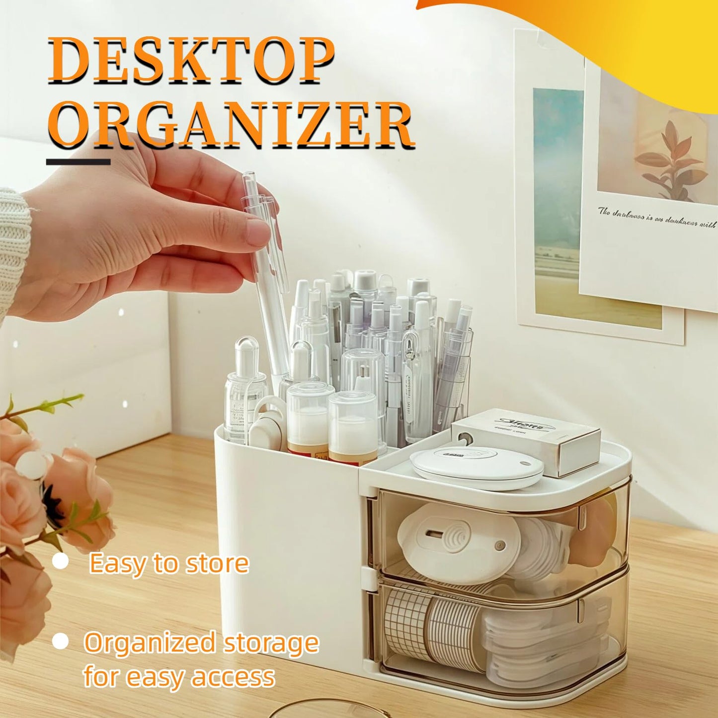 SHUTKMVCW Desk Organizer with 3 Compartments and 2 Drawers, Multi-Functional Pencil Holder for Desk Organizers and Accessories for School, Home, Office Supplies, ‎6.89" x3.54" x 3.62''