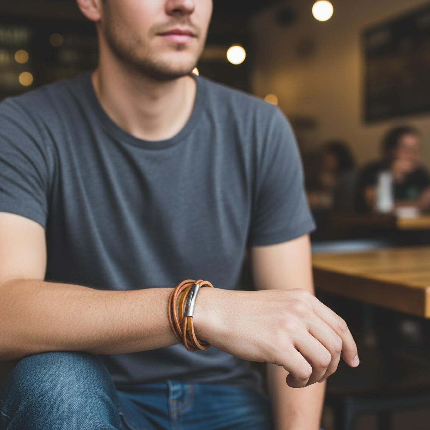 Leporem Unisex Genuine Cowhide Leather Wrap Bracelet Choker Minimalist Push-Lock Clasp Premium Surgical Steel Wristband 17.7 Inch Brown Gift Box (Brown, 17.7 Inches)