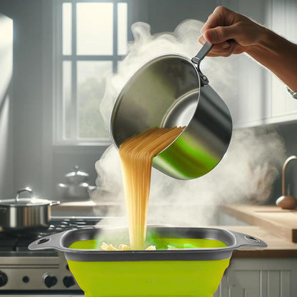 Small Collapsible Colander with Plastic Handles Round Silicone Kitchen Strainers Foldable Kitchen Strainer Perfect for Draining Pasta Vegetable and Fruit Green