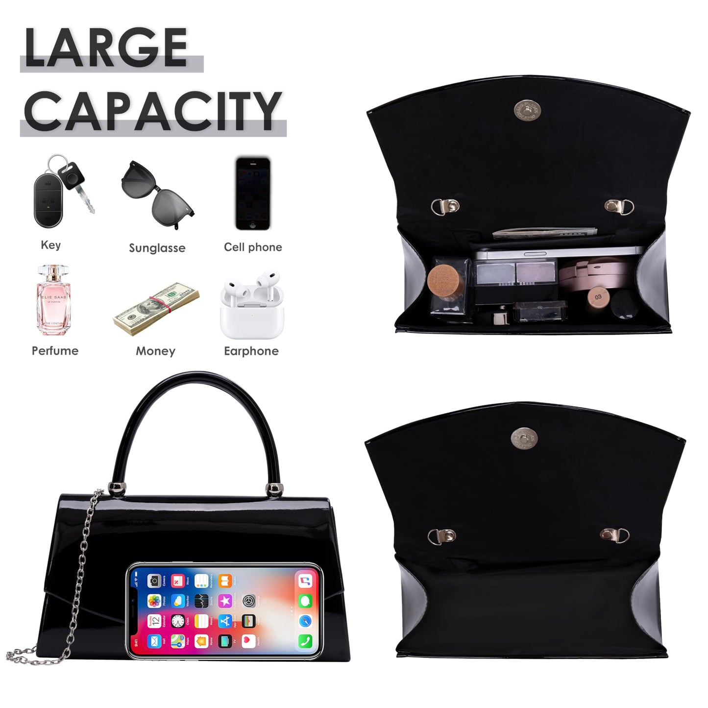 Larcenciel Patent Leather Evening Clutch Handbag, Classic Black Purses for Women w/Chain Strap & Magnetic Closure, Elegant Envelope Top Handle Party Bags for Wedding Formal Events Cocktail Party Prom