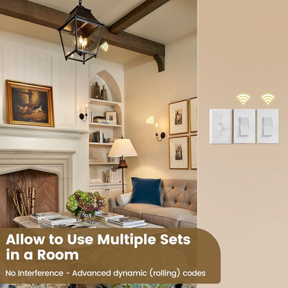 Suraielec 3 Way Wireless Light Switch, Neutral Wire Required, Grounding, 15A High Power, 100ft Range, No Wiring No WiFi, Expandable Remote Control Light Switches for Lamp, Ceiling Light, Fan