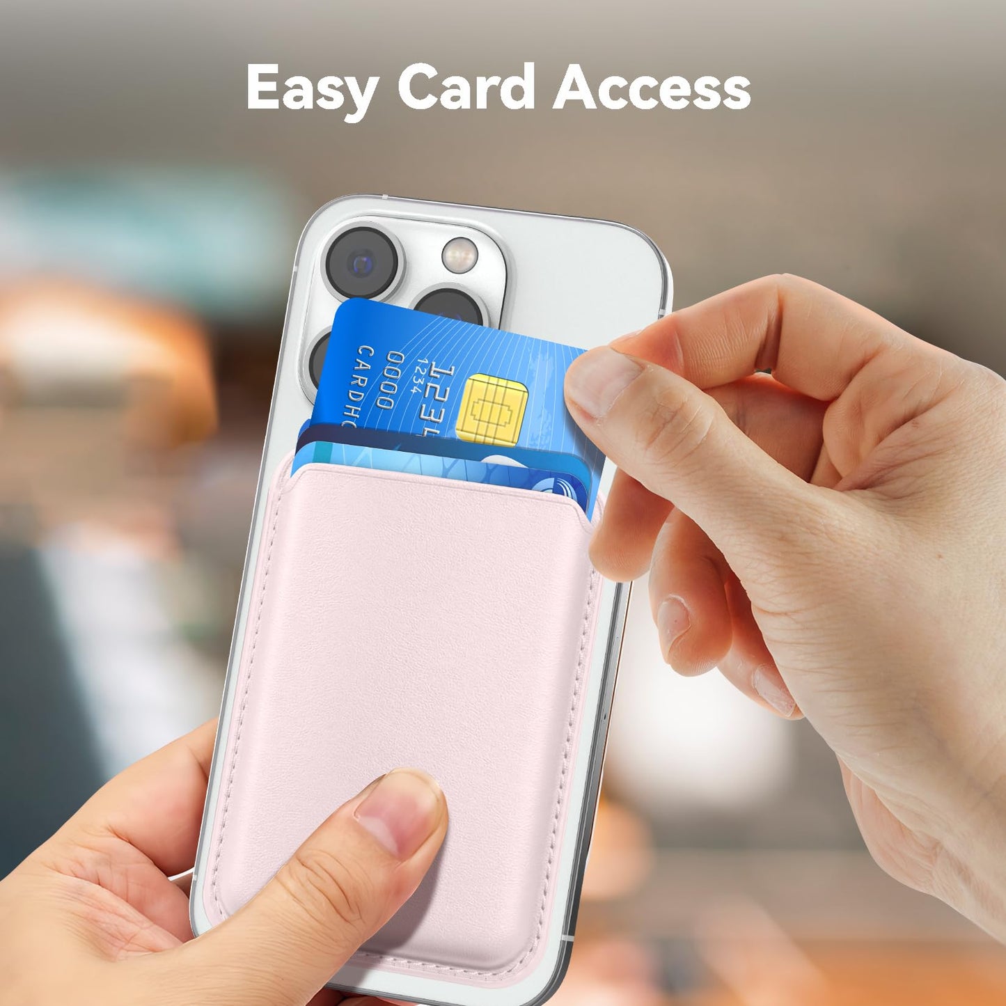 KRTALS Magnetic Wallet Cell Phone Card Holder for Phone Case, Stronger Magnetic RFID Leather Phone Wallet Stick on Series of iPhone 12/13/14/15/16/17 and Pro/Promax, Light Pink