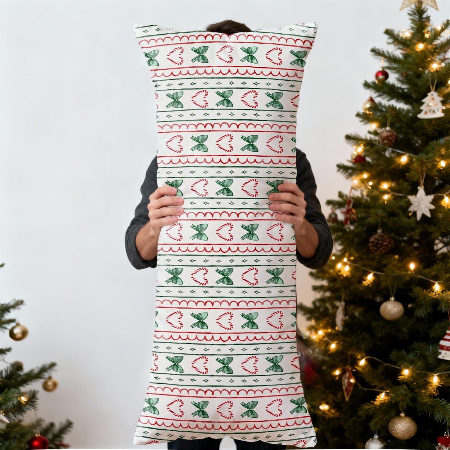 Mancheng-zi Coquette Bow Candy Cane Christmas 20x54 Body Pillow Cover Pillowcase with Zipper, Preppy Girly Christmas Decor, Retro Red and Green Xmas Decorative Long Hug Pillow Cases for Bed Couch