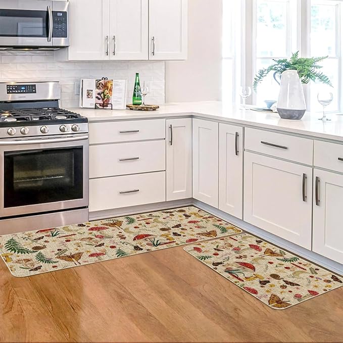 Artoid Mode Mushrooms Butterfly Spring Kitchen Mats Set of 2, Home Decor Low-Profile Kitchen Rugs for Floor - 17x29 and 17x47 Inch