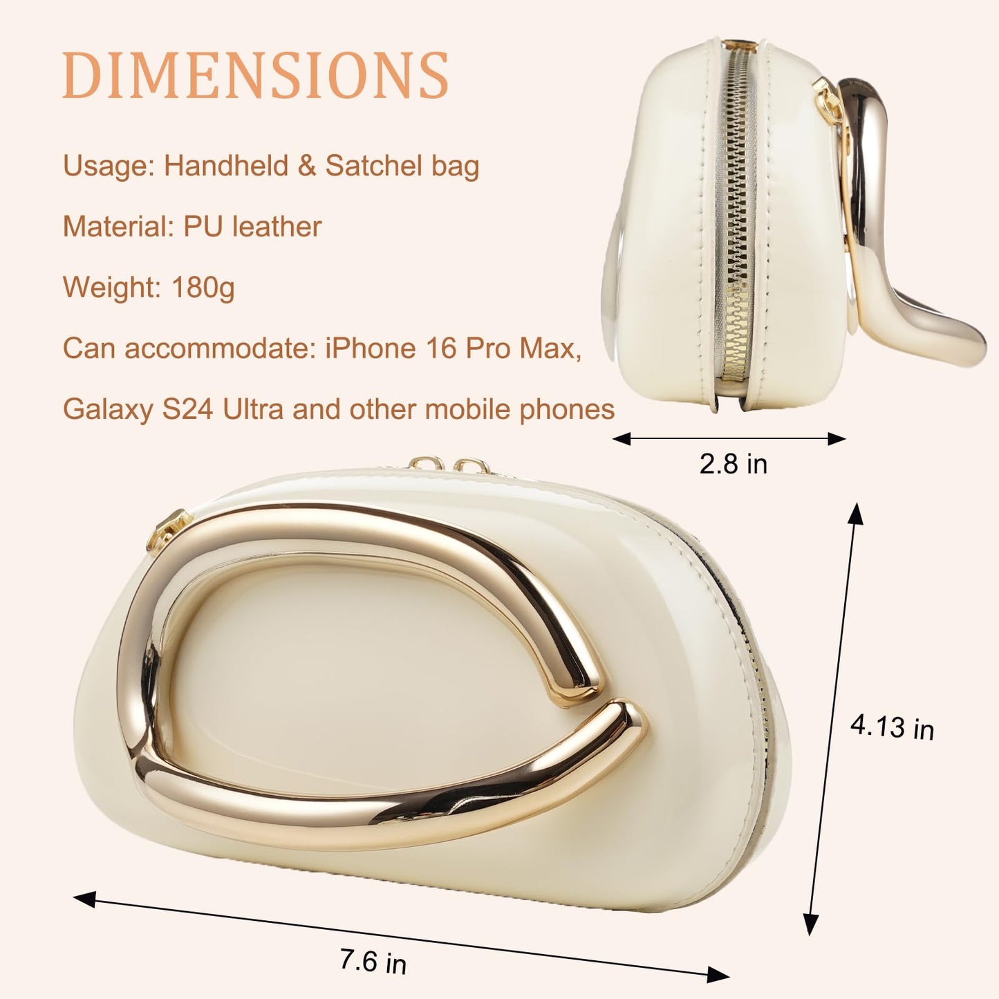 MAGTOBO Evening Clutch Purses for Women Formal, Zipper Lightweight Trendy Metal Handle Leather Evening Bag for Wedding Party (Leather Beige)