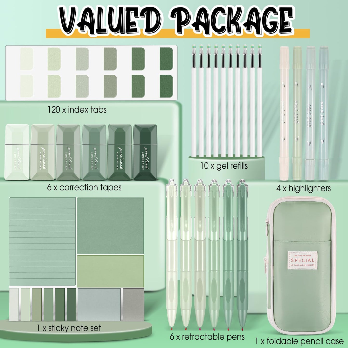 Janlaugh 38 Pcs Aesthetic College School Supplies with Pen Case Sticky Notes Gel Pens Highlighters Correction Tapes Back to School Stationery Kit(Green Color,Classic)