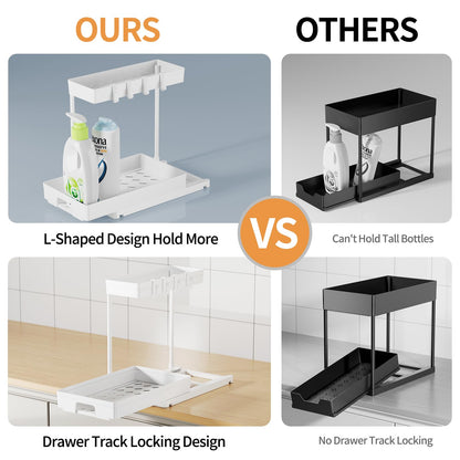 Delamu 2 Pack Under Sink Organizers and Storage, 2 Tier Pull Out Bathroom Cabinet Organizer, L-Shape Black Under Bathroom Kitchen Sink Organizer with Drawer for Under Sink Storage Organizer