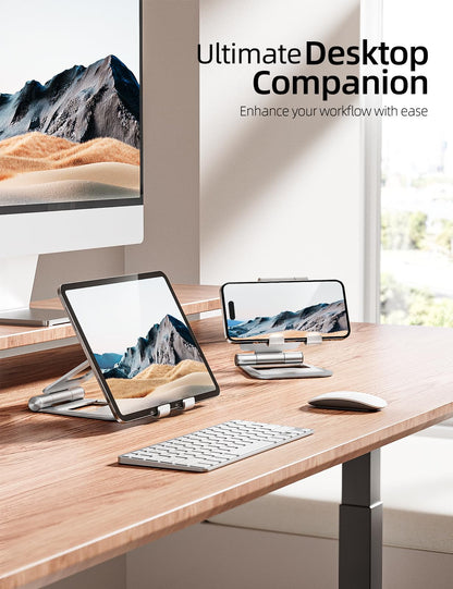 Nulaxy Aluminum Dual Foldable iPad Stand, Fully Adjustable Desktop Tablet Holder, Tablet Accessories for Office Kindle Compatible with Mobile Devices iPad Pro/Air/Mini, iPhone Pro/Max/Plus, Gray