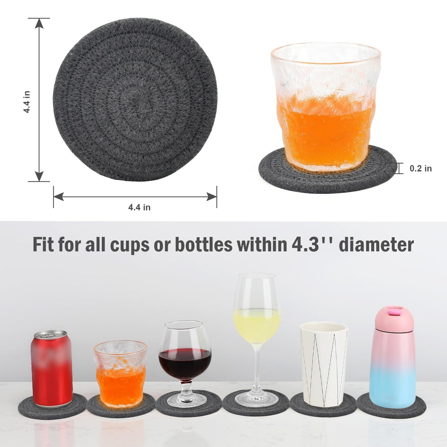 ABenkle 8 Pcs Drink Coasters with Holder, Cotton Woven Absorbent Coasters for Drinks, Minimalist Home Decor Coaster Set for Wooden Tabletop Protection Table, 4.3 inches Grey