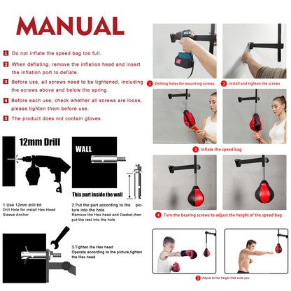 Speed Bags for Boxing, Punching Bag with Reinforced Spring Wall-Mounted Strong Durable Punching Bag with Stand, Height Adjustable, for Kids & Adults (Black/Red)