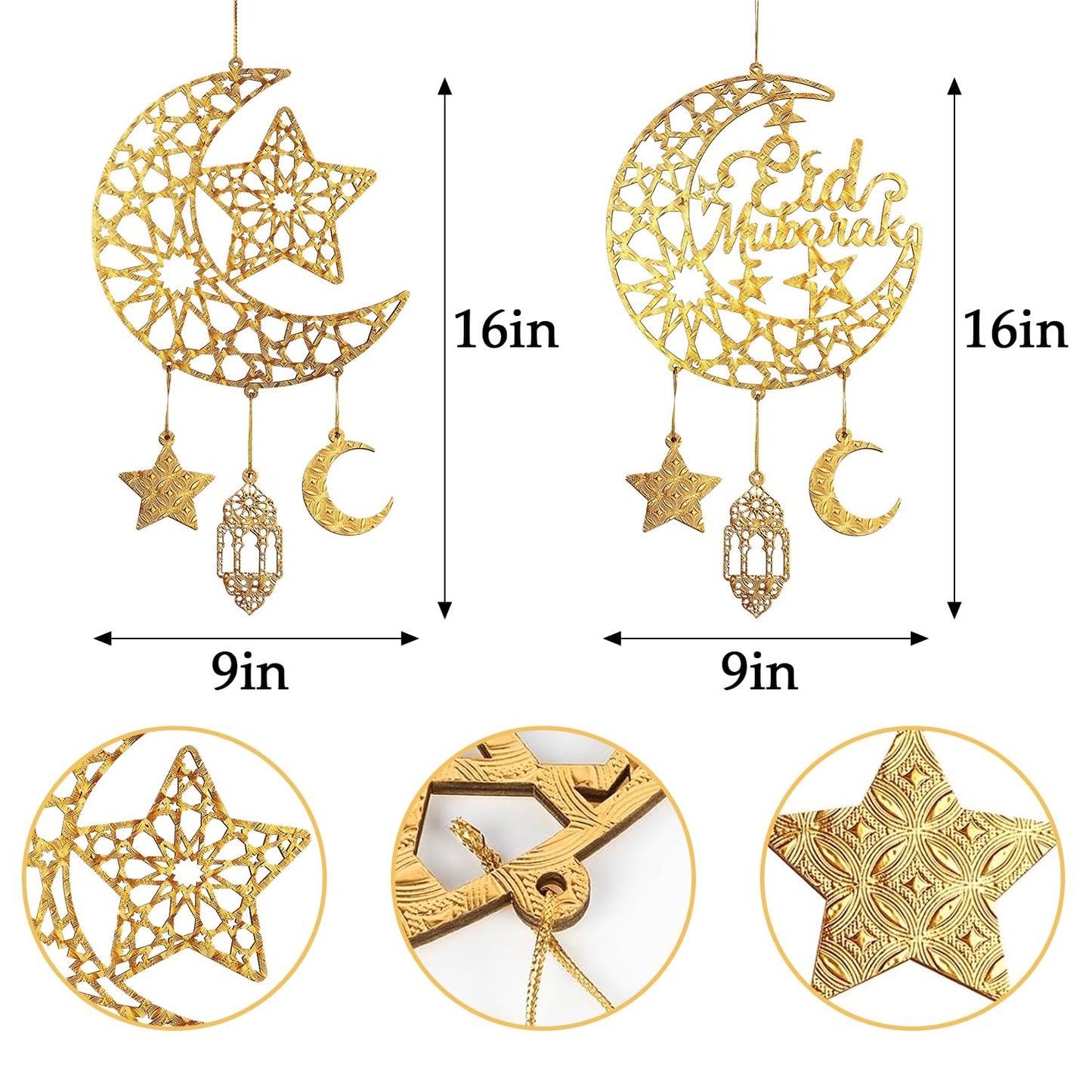 iLifemate Eid Decorations for Home, Eid Mubarak Moon & Star Wooden Hanging Ornaments – Gold Islamic Crescent Moon for Eid al-Fitr Sign, Muslim Home Decor, Eid Gifts, Ramadan Party Wall Door Wreath