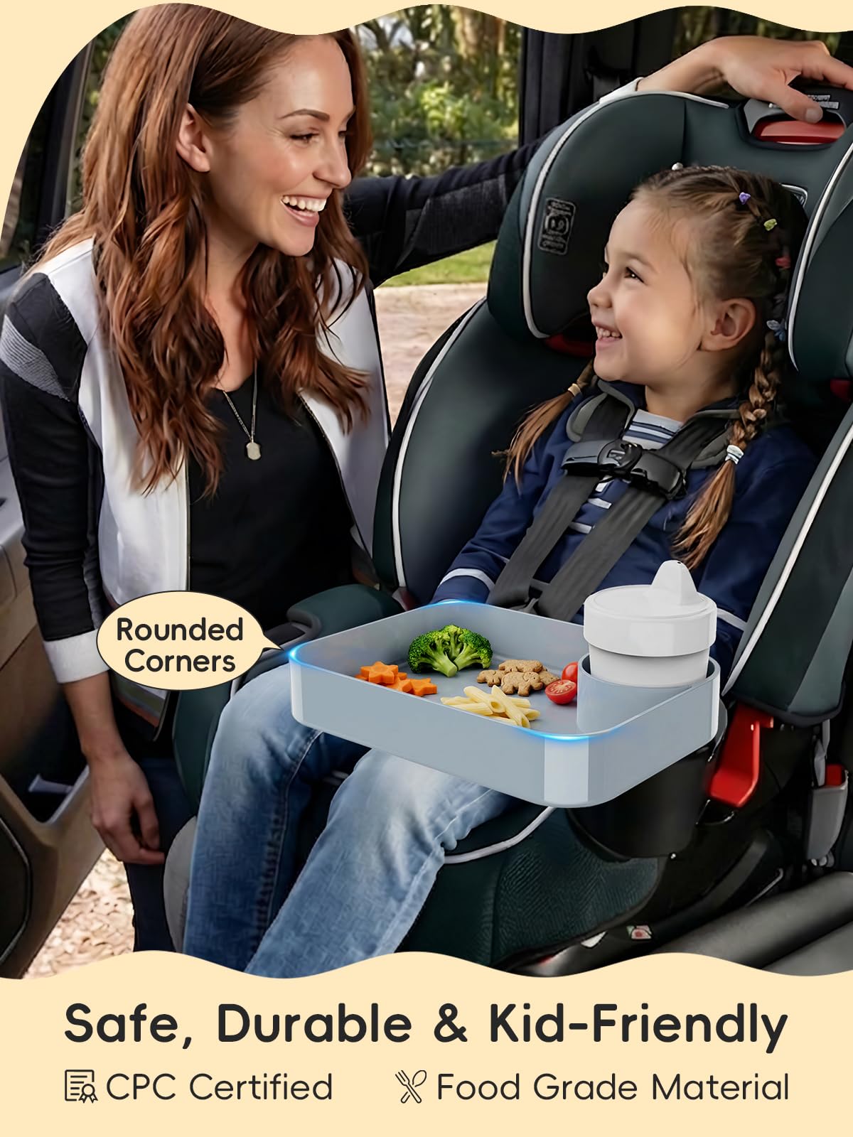 BBSDA Car Seat Cup Holder Snack Tray for Kids, Reduces Mess, Detachable Large Base & Adjustable Ring, Carseat Tray for Toddler, Car Seat Food Tray Table for Kid Travel Road Trip Essentials -Light Gray