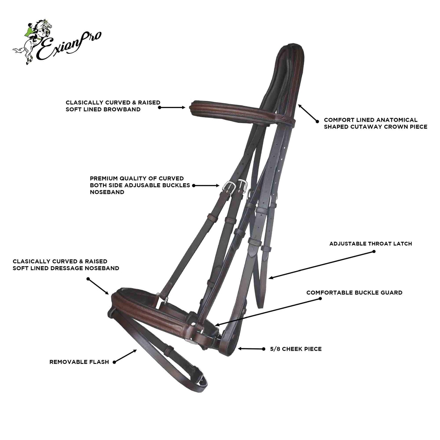 Exion Anti Pressure Cutback Crown Piece Soft Lined Browband and Crank Noseband Dressage Leather Bridle and Hand Stopper Leather Reins | Royal Dressage Bridle for Horses