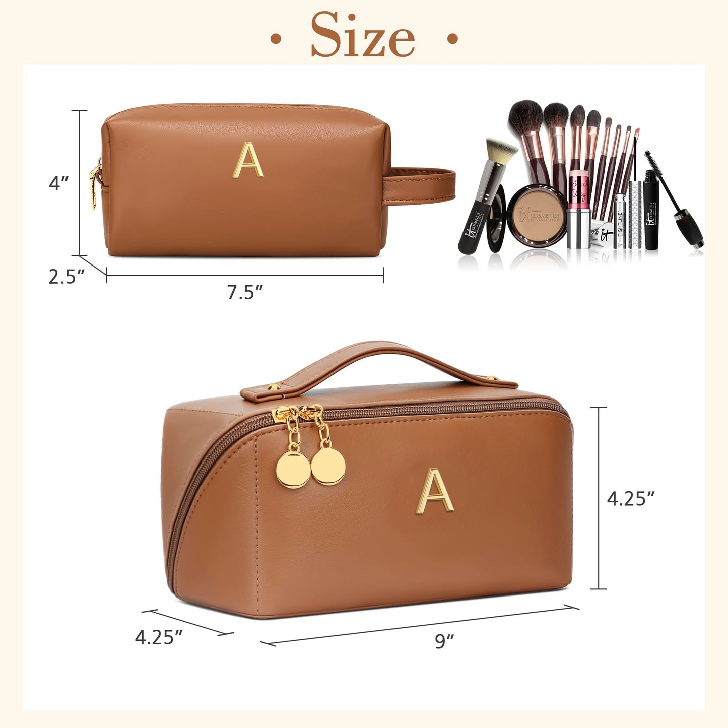 KKXIU Initial Makeup Bag for Women - Personalized Makeup Bag Gifts for Women, Travel Toiletry Bag with PU Leather, Open Flat Design with Top Handle, Cosmetic Bag Set with Multi-Pocket (Brown,A)