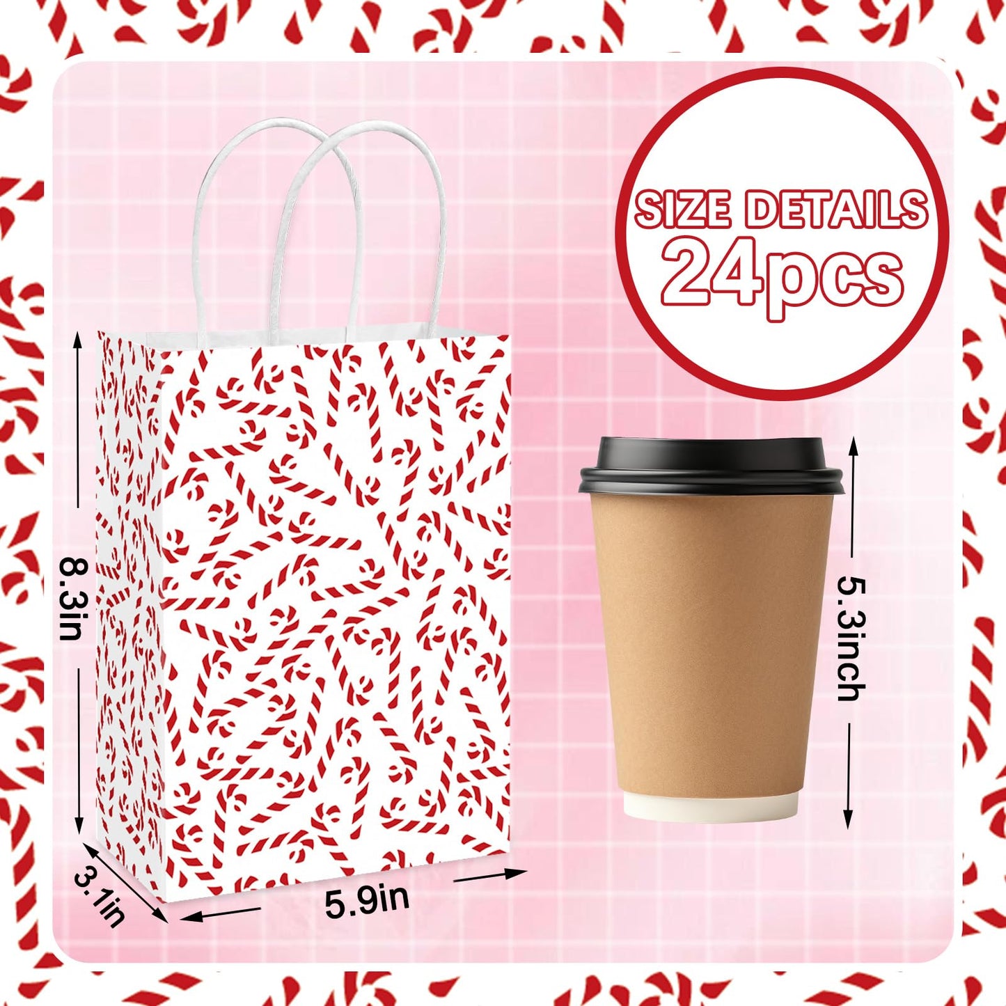 JarThenaAMCS 24 Pcs Christmas Paper Gift Bag Red Candy Cane Stripe Treat Bags with Handles Tissue Paper Candy Goodie Bags for Xmas Winter Party Favors Supplies