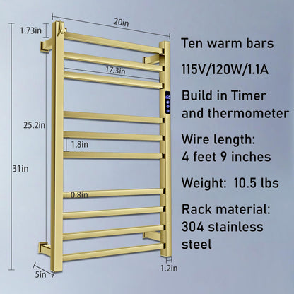 Towel Warmer Rack for Bathroom with Timer/Fahrenheit Temperature Control Wall Mounted Electric Heated 10 Bar Rail Plug-in or Hardwired Keep Bath Shower Towel Warming (Brushed Gold)