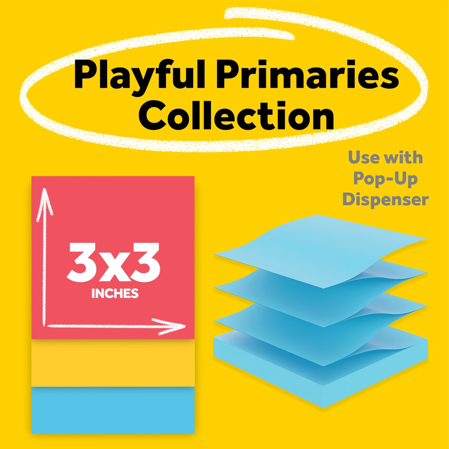 Post-it Super Sticky Dispenser Pop-up Notes, 6 Sticky Note Pads, 3 x 3 in., 2X the Sticking Power, School Supplies and Oﬃce Products, Use with Post-it Note Dispensers, Playful Primaries Collection