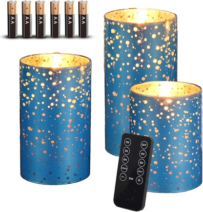 Flameless Blue Mercury Glass LED Pillar Candles with Remote and Timer, Battery Included, Flickering Warm White Light, Set of 3 for Christmas, Holiday, Home Décor, Weddings, Parties