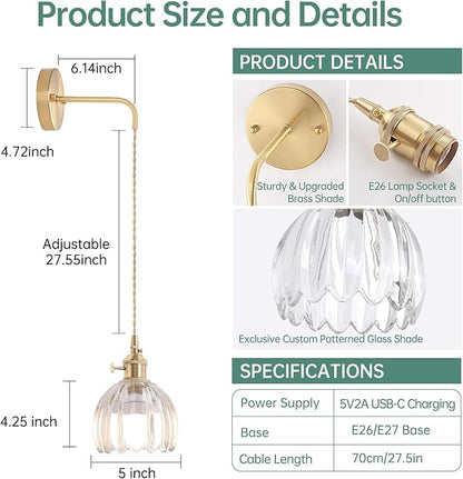 Battery Operated Wall Sconce with Clear Tulip Shade Pattern Glass Adjustable Chain Retro Gold Wall Mounted Light, Modern Wall Lamp Fixtures Decor for Bedside Bedroom Indoor Doorway