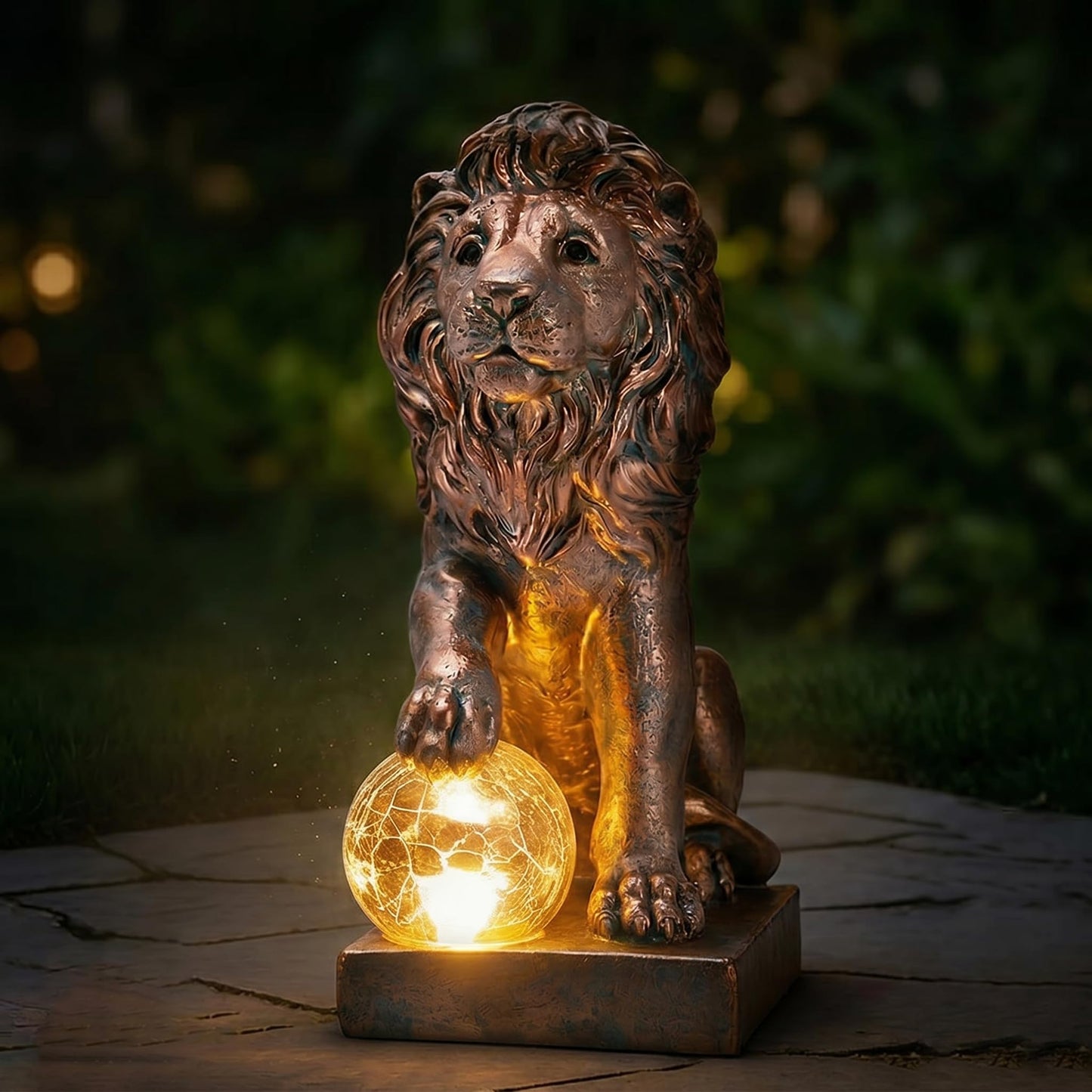 Nacome Guardian Lion Garden Decor: Outdoor Decoration Statue with Ball Lights for Yard Art Porch Patio Balcony - Unique Birthday Choice for Women Mom Lover - 9.45in (Copper)