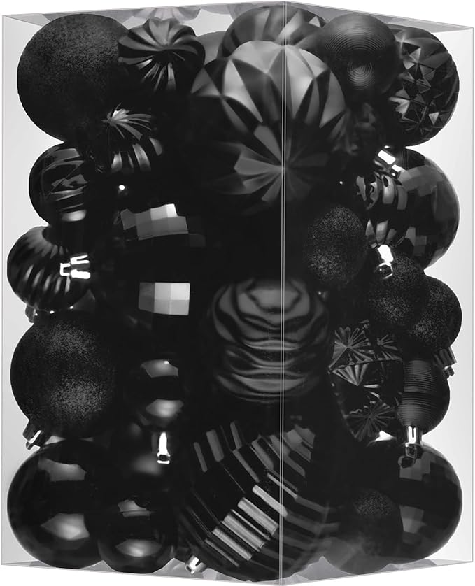 JORNOY Christmas Tree Ornaments Set, 47 Pack Assorted Shatterproof Hanging Balls Decorations, Plastic Bulbs Bulk with Lanyard for Home Holiday Party Decor, 3-Sizes (Pure Black)