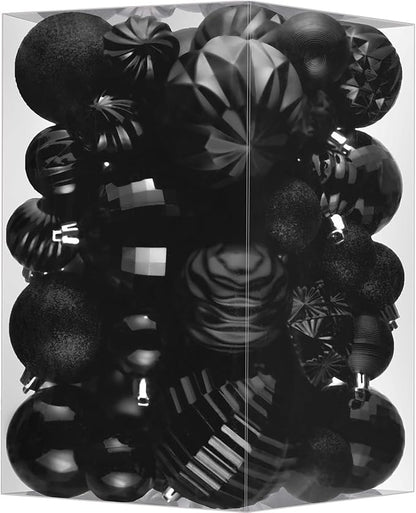 JORNOY Christmas Tree Ornaments Set, 47 Pack Assorted Shatterproof Hanging Balls Decorations, Plastic Bulbs Bulk with Lanyard for Home Holiday Party Decor, 3-Sizes (Pure Black)