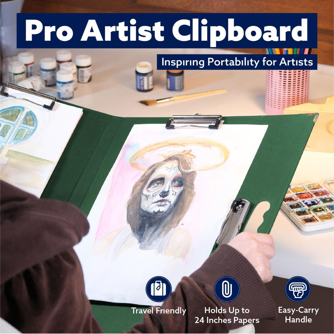 18x24 Clipboard - Foldable 18x24 File Folder & Drawing Board - Folds to 11x17 Clipboard, 4 Clips, Corner Protectors, Portable Art Portfolio, Architecture Folder, 11x17 Binder, Portfolio Binder (Green)