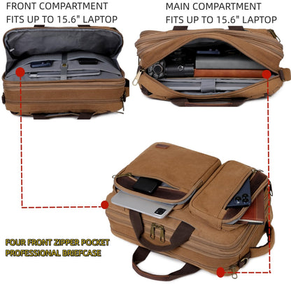 Baosha Real Leather Canvas Laptop Backpack Briefcase Hybrid 15.6 Inch Laptop Travel Backpack College Backpack for Men BC-04 (Brown)