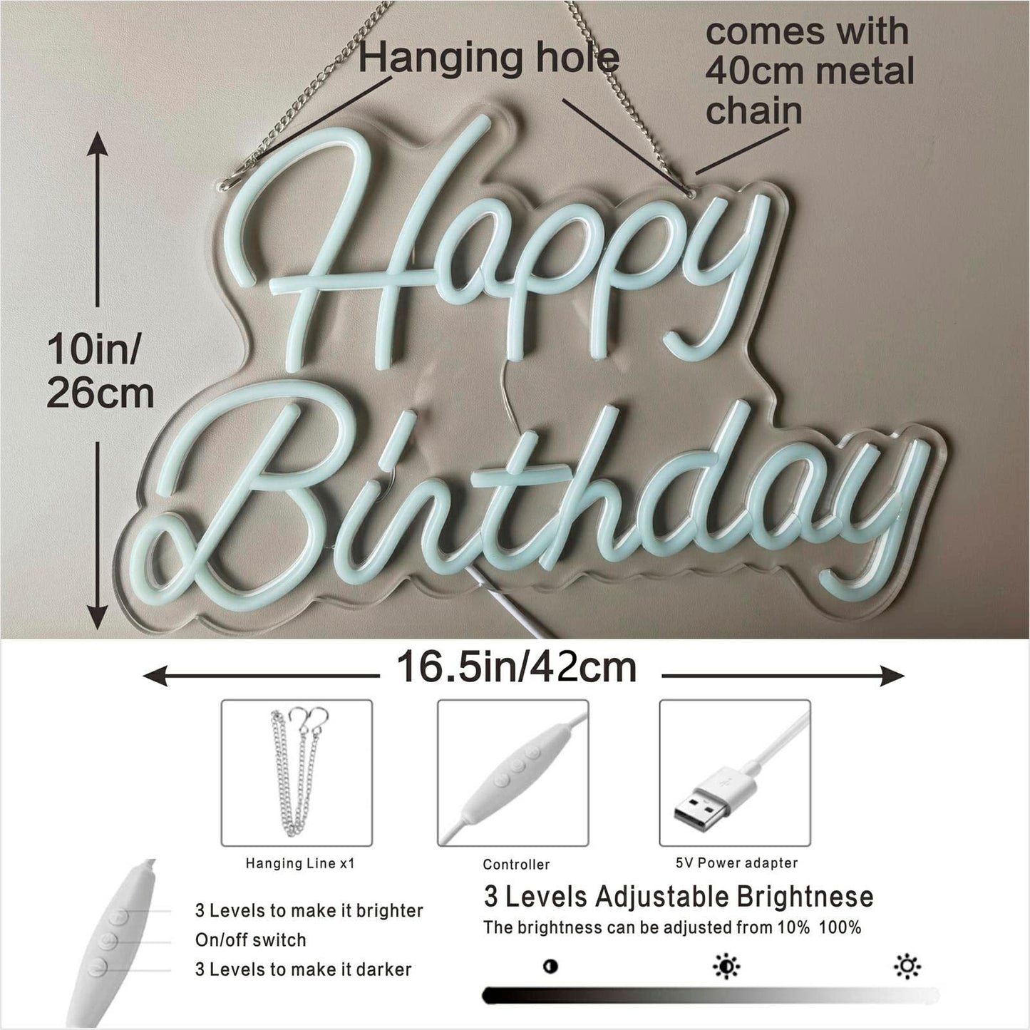 Happy Birthday Neon Backdrop Wall Decor Lights for Home Decor Bar Cafe Christmas Anniversary Party with Dimmable Switch Reusable All Birthday Party Decor Neon Signs (16.5x10 Inch Ice Blue)