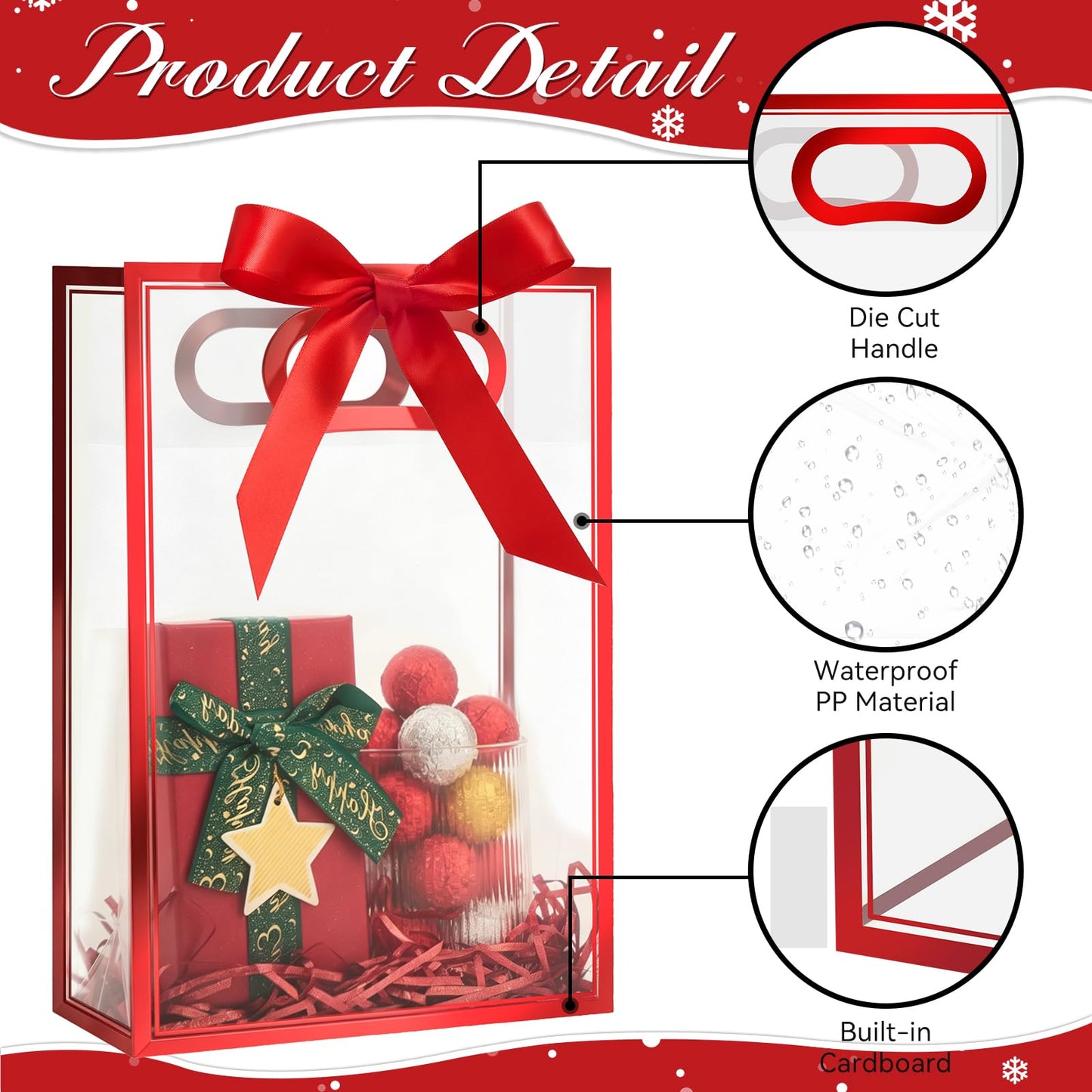 Ohuimrt Christmas Clear Plastic Gift Bags, 12 Pack, 10", Red Green Gold