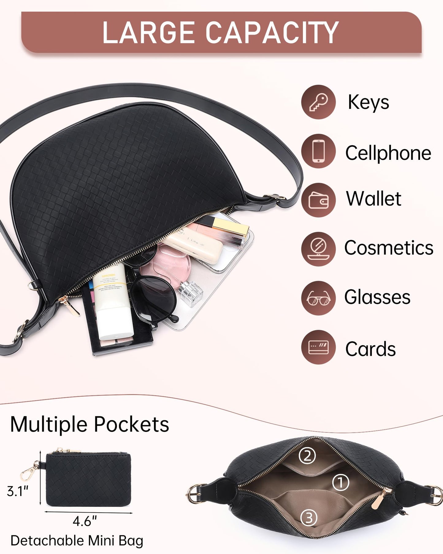 Purses for Women Woven Crescent Shoulder Bag 2PC Vegan Leather Hobo Crossbody Handbag with Small Matching Bag