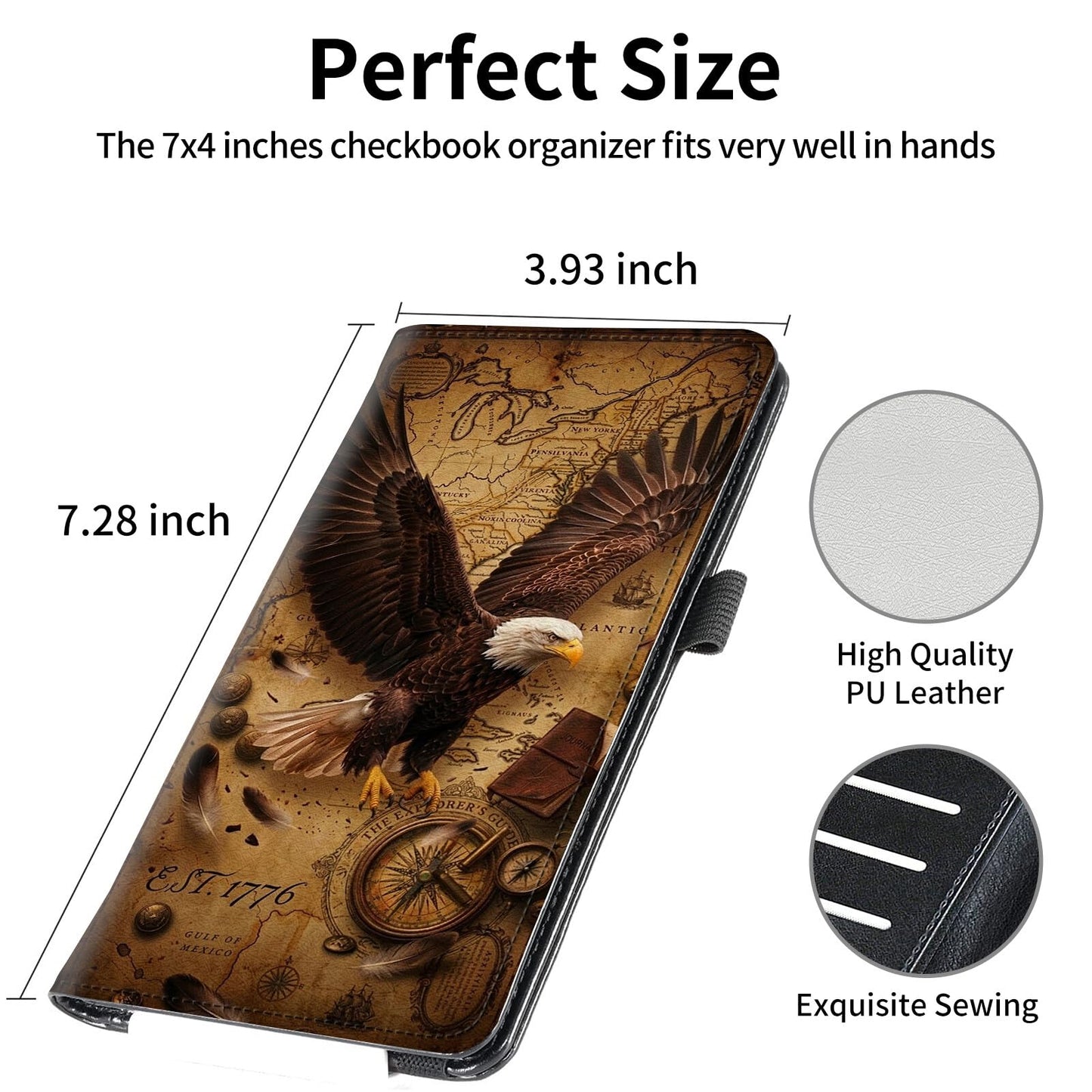 FUYOCWE Leather Checkbook Cover for Men & Women, Checkbook Holder Wallet RFID Blocking | 1776 USA Vintage Patriotic Eagle Map