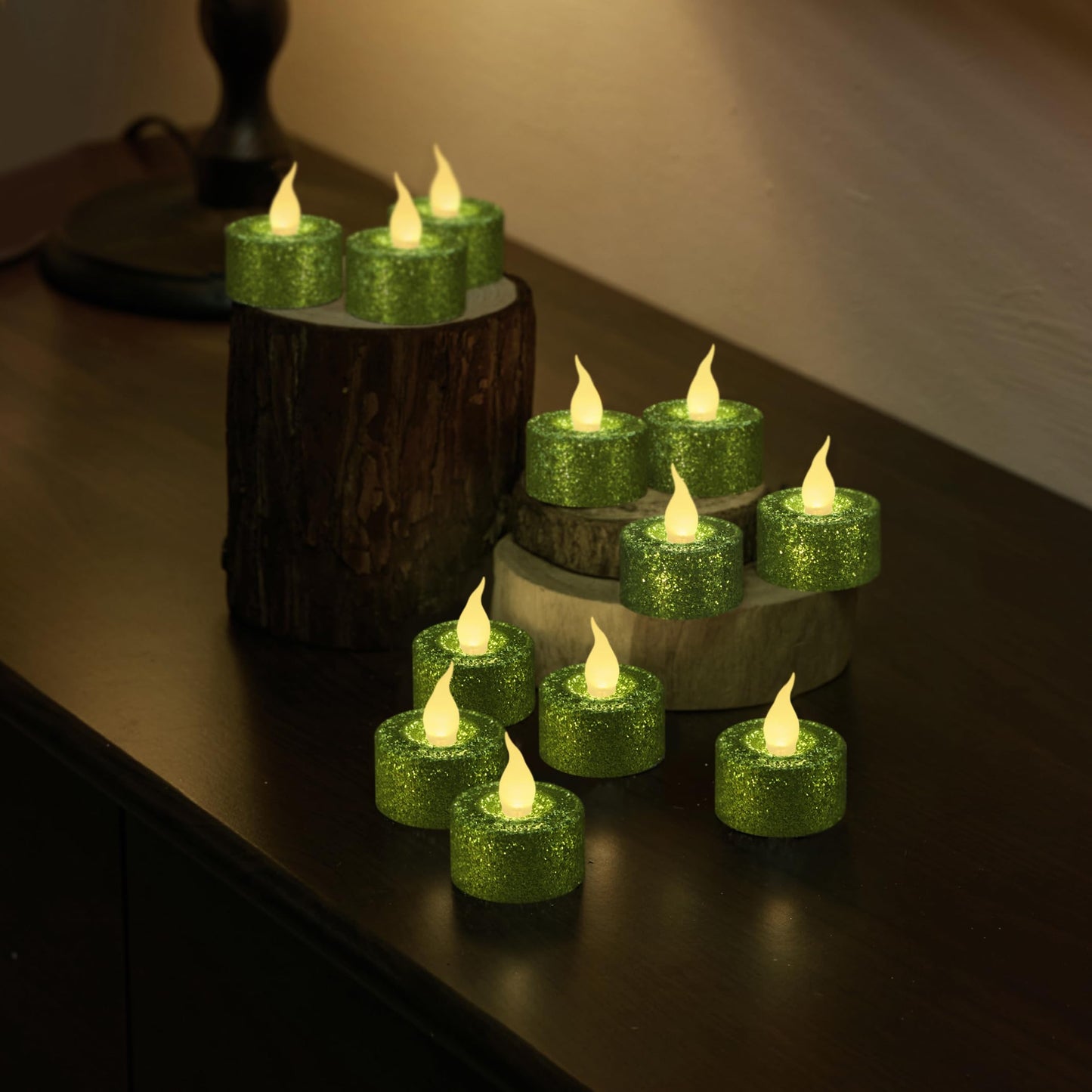 FURORA LIGHTING Green Glitter Flameless Tealights - 1.45" W x 1.57" H, 12-Pack, Batteries Included
