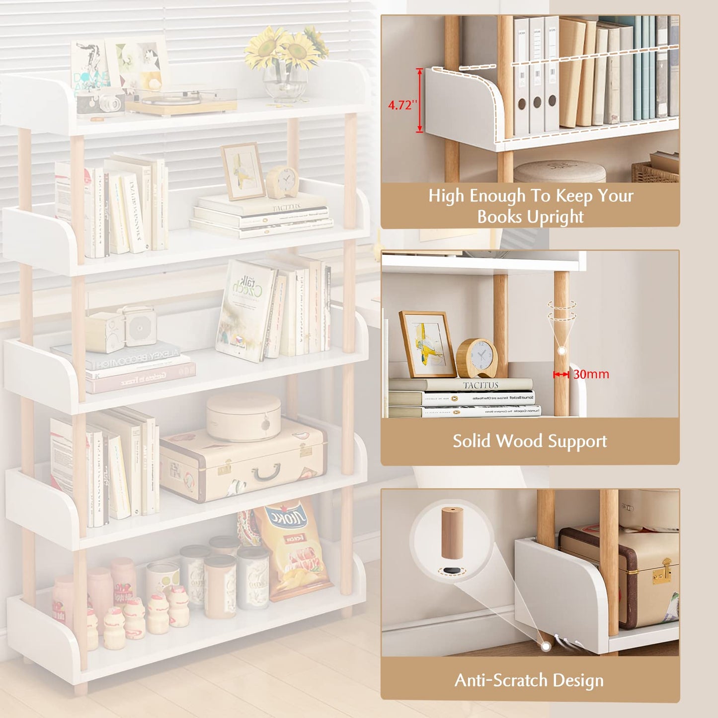 OSCHF 5-Tier Wooden Open Bookcase - Modern Display Bookshelf with Top Edge and Solid Wood Frame for Home and Office, Storage Cabinet, Warm White